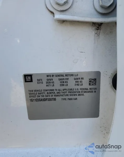 2013 Chevrolet Malibu 1Lt from USA, damaged, VIN 1G11C5SA9DF339706